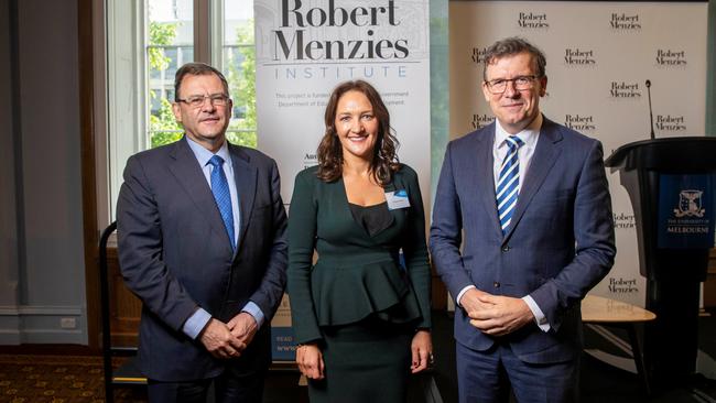 University of Melbourne vice-chancellor Duncan Maskell, Robert Menzies Institute director Georgina Downer and federal Education Minister Alan Tudge at the Institute's first annual conference.