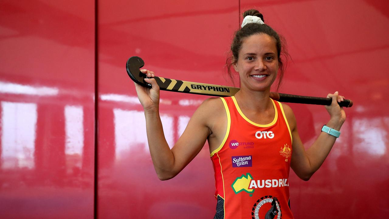 Brooke Peris of the Hockeyroos poses for a photo wearing the newly unveiled playing kit during a media opportunity at Kings Park in Perth, Thursday, February 27, 2020. The kit was designed and painted by Aboriginal, dual Olympian, gold medallist and former Hockeyroo and Federal Senator Nova Peris. (AAP Image/Richard Wainwright) NO ARCHIVING