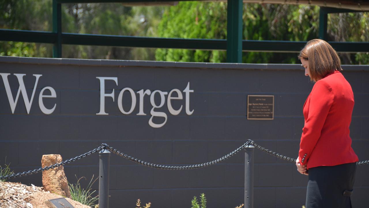 Nanango member Deb Frecklington lays a wreath at the 2019 Kingaroy Remembrance Day service at KSHS. (Photo: Jessica McGrath)