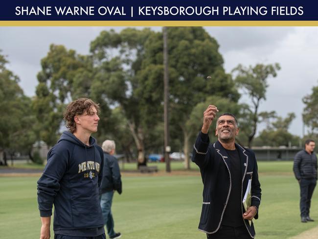 Shane Warne’s Mentone Grammar teammate Ravi Krishnan tossed the coin before the match. Picture: Supplied