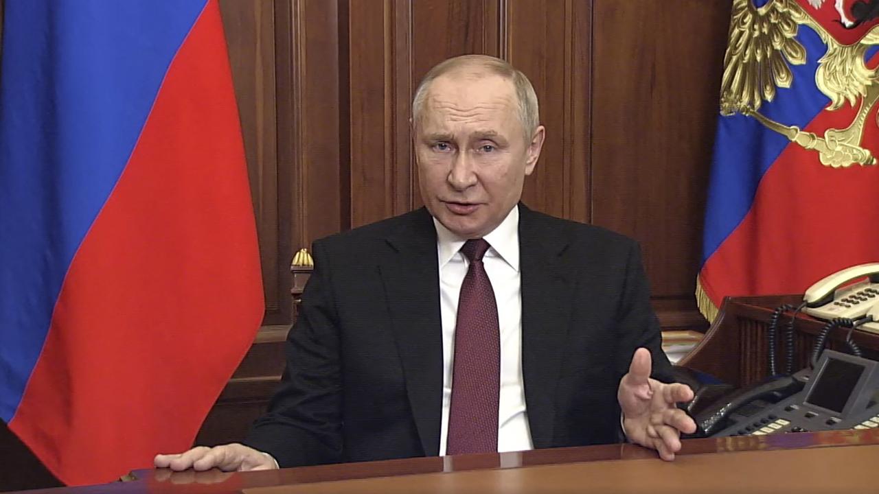 Russian President Vladimir Putin addresses the nation at the Kremlin in Moscow early on February 24, 2022. Picture: AFP