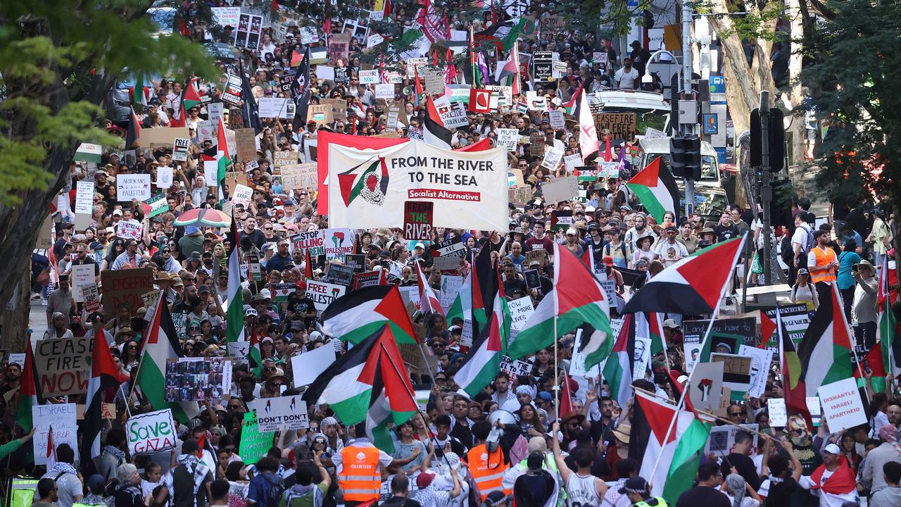 Thousands gather for the pro-Palestinian rally and march through Brisbane. Picture: Liam Kidston