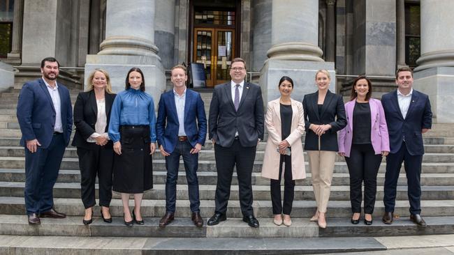 The opposition frontbench: Sam Telfer, Penny Pratt, Nicola Centofanti, David Speirs, John Gardner, Jing Lee, Ashton Hurn, Heidi Girolamo and Matthew Cowdrey. Picture: NCA NewsWire / Brenton Edwards