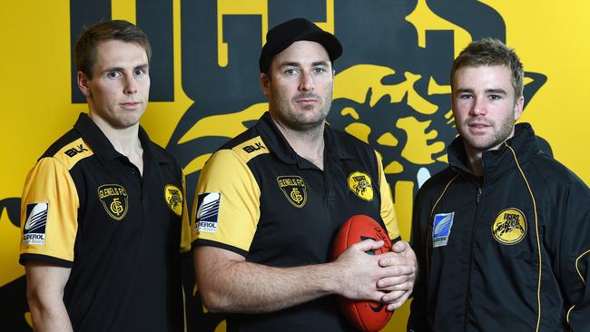 Craig Pitt (left) in 2016 as vice-captain of Glenelg alongside then coach Matthew Lokan and skipper Andrew Bradley. Picture Roger Wyman