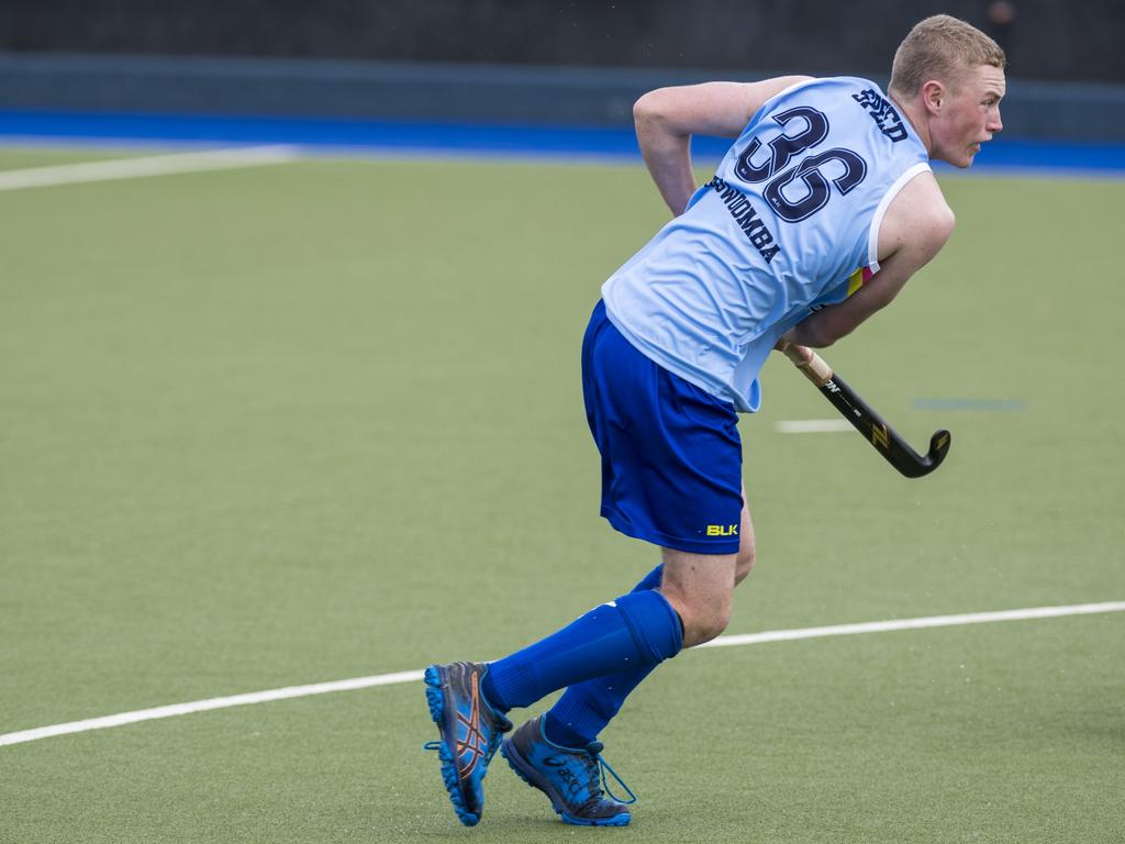 Elliott Speed of Toowoomba 2 against Fraser Coast in Hockey Queensland Championships at Clyde Park, Sunday, May 2, 2021. Picture: Kevin Farmer