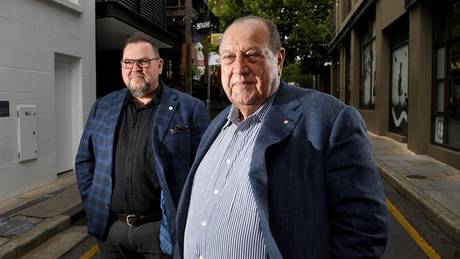 Theo Maras, right, and son Steve, control dozens of properties in Adelaide’s East End. Picture: Tricia Watkinson