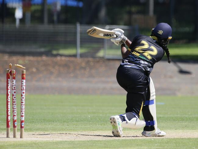 Blacktown’s Athira Kumar is bowled by Aishleen Gir. Picture Warren Gannon Photography