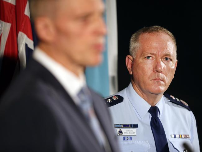 NSW Police Commissioner Mick Fuller announces the arrest at a press conference with Detective Chief Inspector Peter Yeomans. Picture: Richard Dobson