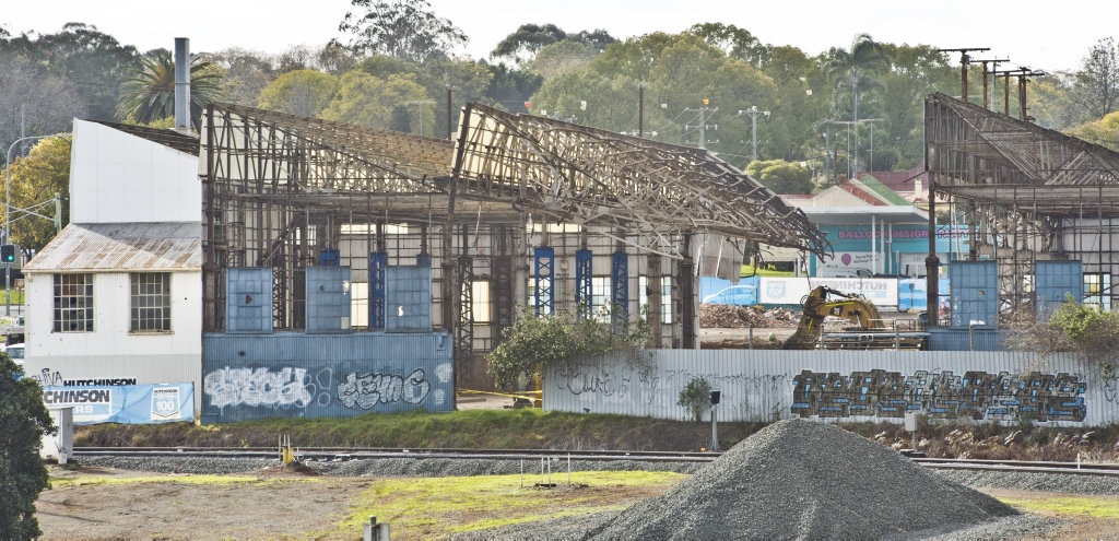 SAWTOOTH GONE: Demolition of Foundry sawtooth shed to make way for new Bunnings building. Picture: Nev Madsen