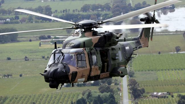 An Australian Army MRH90 Taipan helicopter from 6th Aviation Regiment conducts reconnaissance at Shepparton, Victoria.