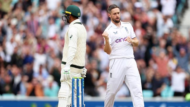 Chris Woakes celebrates Khawaja’s wicket. Picture: Ryan Pierse/Getty Images