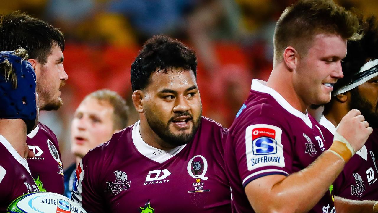 Reds' Taniela Tupou and Harry Hoopert celebrate their victory following the Super Rugby match between Australia's Queensland Reds and South Africa's Bulls.