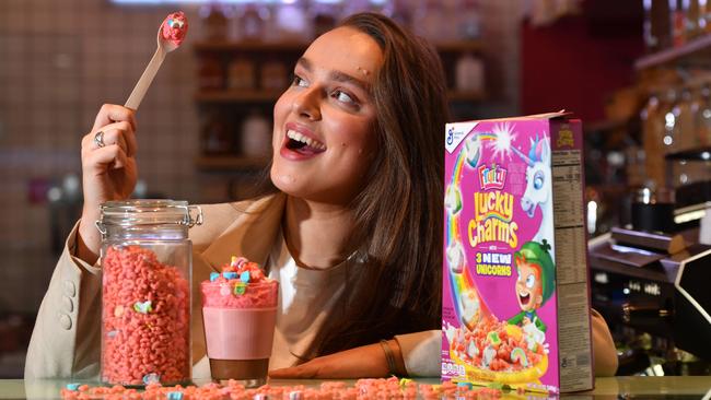 Jackie Kennedy tries a Lucky Charms-flavoured latte at the Gelina Milk Bar in Billys Lane at the Myer foodcourt. Picture: Keryn Stevens