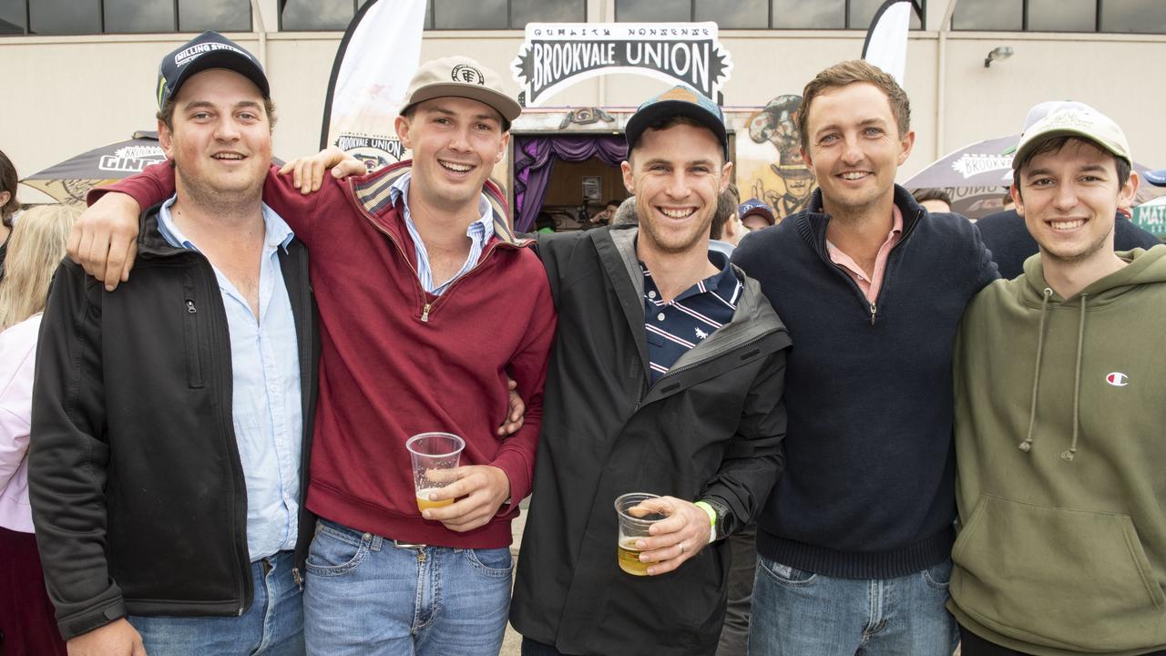 (from left) Tim Finlayson, Seb McCracken, Martin White, Brenton Smith and Matt Powell celebrating Seb's bucks party at Brewoomba craft beer festival, Fitzy's. Saturday, August 13, 2022. Picture: Nev Madsen.