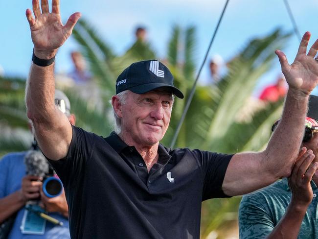 (FILES) In this file photo taken on October 30, 2022 Greg Norman, CEO and commissioner of LIV Golf, waves as being introduced to the crowd during the team championship stroke-play round of the LIV Golf Invitational - Miami at Trump National Doral Miami in Doral, Florida. - The Saudi-backed LIV Golf League will stage 2023 tournaments in Tulsa, Oklahoma; Tucson, Arizona and at The Greenbrier in West Virginia, LIV Golf chief executive officer Greg Norman announced December 14, 2022. (Photo by Eric Espada / GETTY IMAGES NORTH AMERICA / AFP)