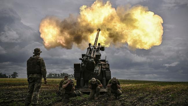 Ukrainian servicemen fire with a French self-propelled 155mm/52-calibre gun Caesar towards Russian positions in the eastern Ukrainian region of Donbas. Picture: AFP