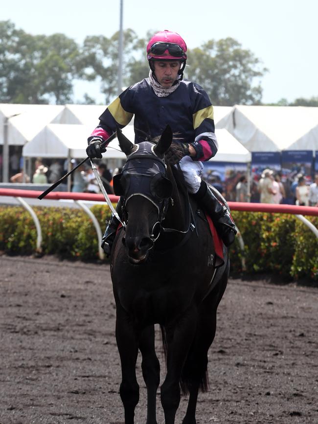 Winner Don't Say It and jockey Paul Shiers of race 2 at 2022 Darwin Cup. Picture: (A)manda Parkinson