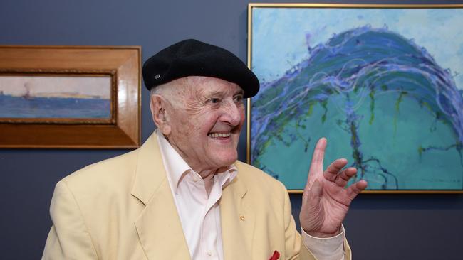 John Olsen, the famous artist, has done a painting based on an Arthur Streeton painting. The Streeton is called Sydney Harbour. The Olsen is called The Rolling Sea And That Streeton Painting. Here pictured with both paintings at Mosman Art Gallery. Picture: ELENOR TEDENBORG