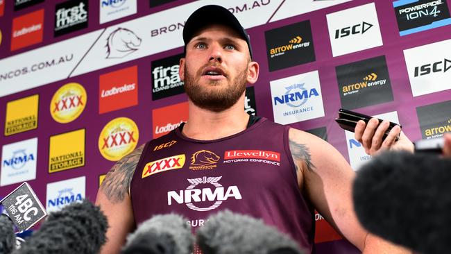 Brisbane Broncos player Matt Lodge speaks to reporters after training in Brisbane, Wednesday, September 11, 2019. (AAP Image/Dan Peled) NO ARCHIVING