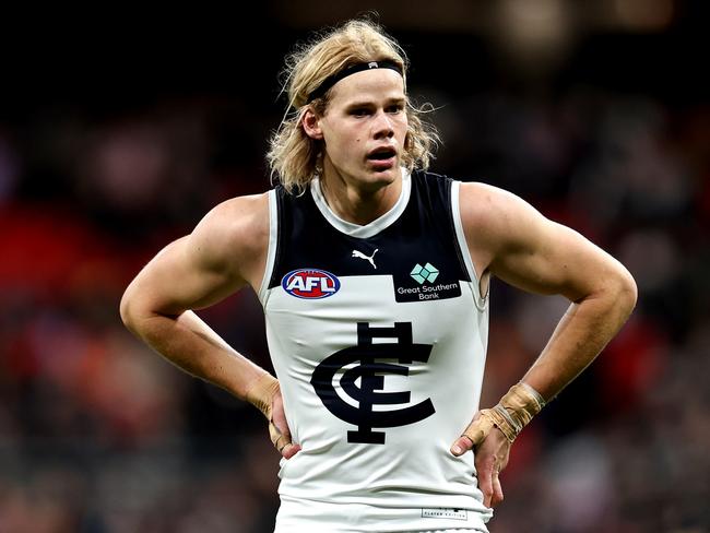 SYDNEY, AUSTRALIA - JULY 06: Tom De Koning of the Blues looks on during the round 17 AFL match between Greater Western Sydney Giants and Carlton Blues at ENGIE Stadium, on July 06, 2024, in Sydney, Australia. (Photo by Brendon Thorne/AFL Photos/via Getty Images)