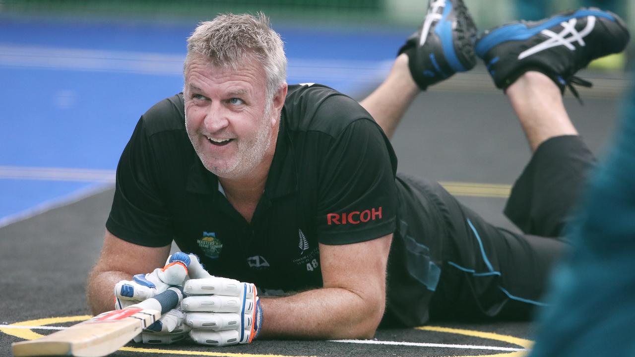 The Trans Tasman trophy for indoor cricket is being played on the Gold Coast at Ashmore. Australia v New Zealand Mens 50s. Kiwi Darron Reekers down for the count . Picture Glenn Hampson