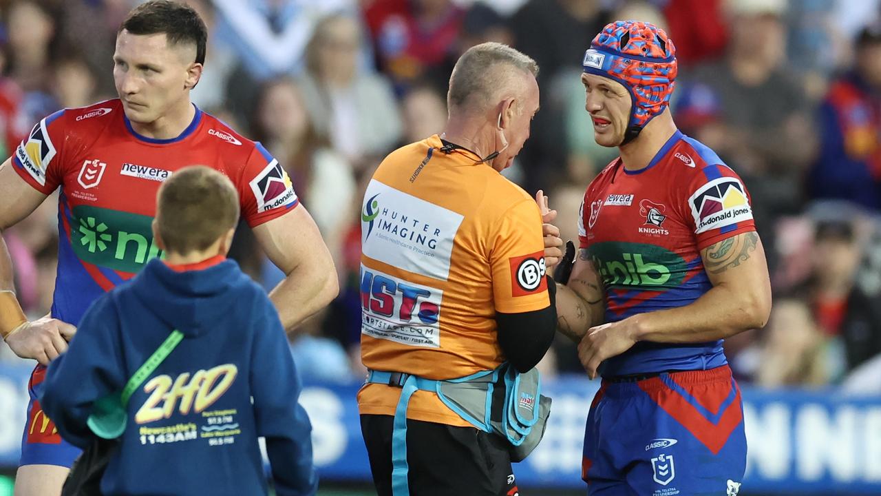 Kalyn Ponga will miss this weekend’s game against the Dragons after he hurt his shoulder in Sunday’s win over the Sharks. Picture: Jenny Evans/Getty Images