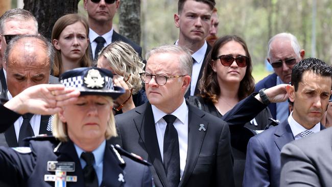 Prime Minister Anthony Albanese at the funeral of slain police officers Matthew Arnold and Rachel McCrow in Brisbane last year. Picture: Steve Pohlner