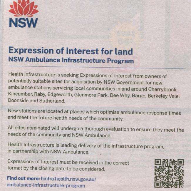 A newspaper advertisement calling for expressions of interest from property owners considering selling their land to the NSW Government to build a new ambulance station "in and around" Dee Why and other locations across Sydney and the state.