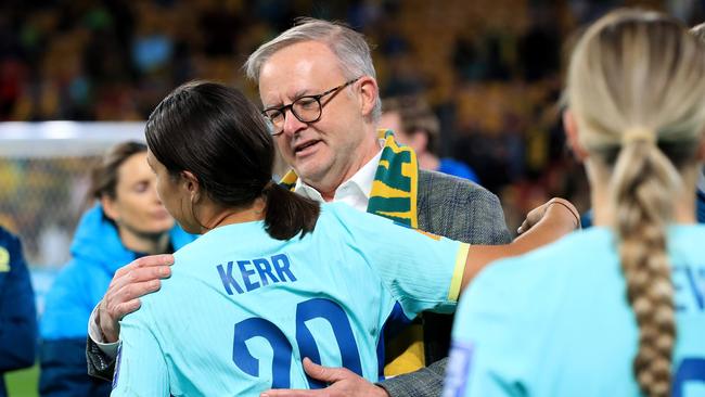 Sam Kerr hugs PM Anthony Albanese after losing the FIFA Women’s World Cup 3rd place playoff between Australia and Sweden at Suncorp Stadium in Brisbane. Picture: Adam Head