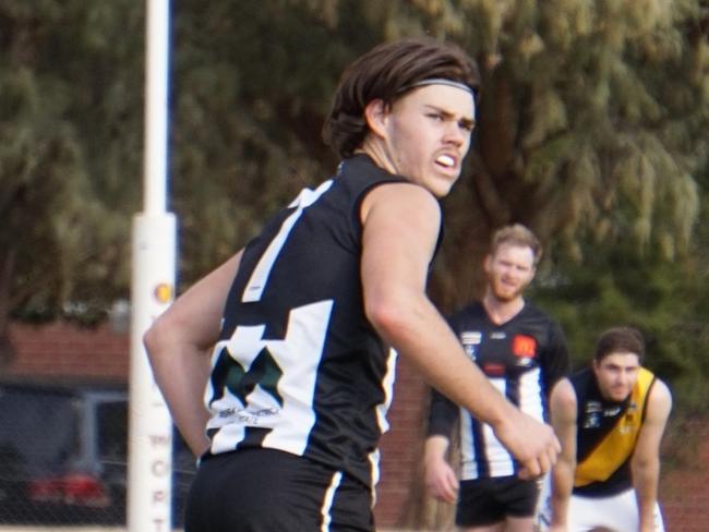 Merbein's Josh Carmichael after kicking a goal against Red Cliffs in their Sunraysia league match at Dareton. Picture: Michael DiFabrizio