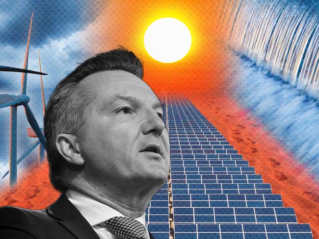 15 November 2024; A photo comp of wind power, solar power and hydro power with Chris Bowen overlayed at the front in black and white. Collage by Emilia Tortorella. Sources: iStock and supplied. Ratio 4:3. FOR DIGITAL.