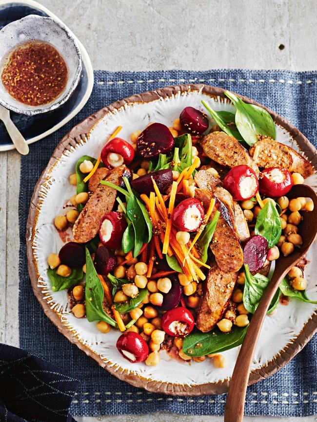 Lamb sausage, chickpea and baby pepper salad.