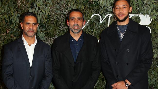 Michael O’Loughlin, Adam Goodes and Ben Simmons at the world premiere of The Australian Dream. Picture: Graham Denholm/Getty Images