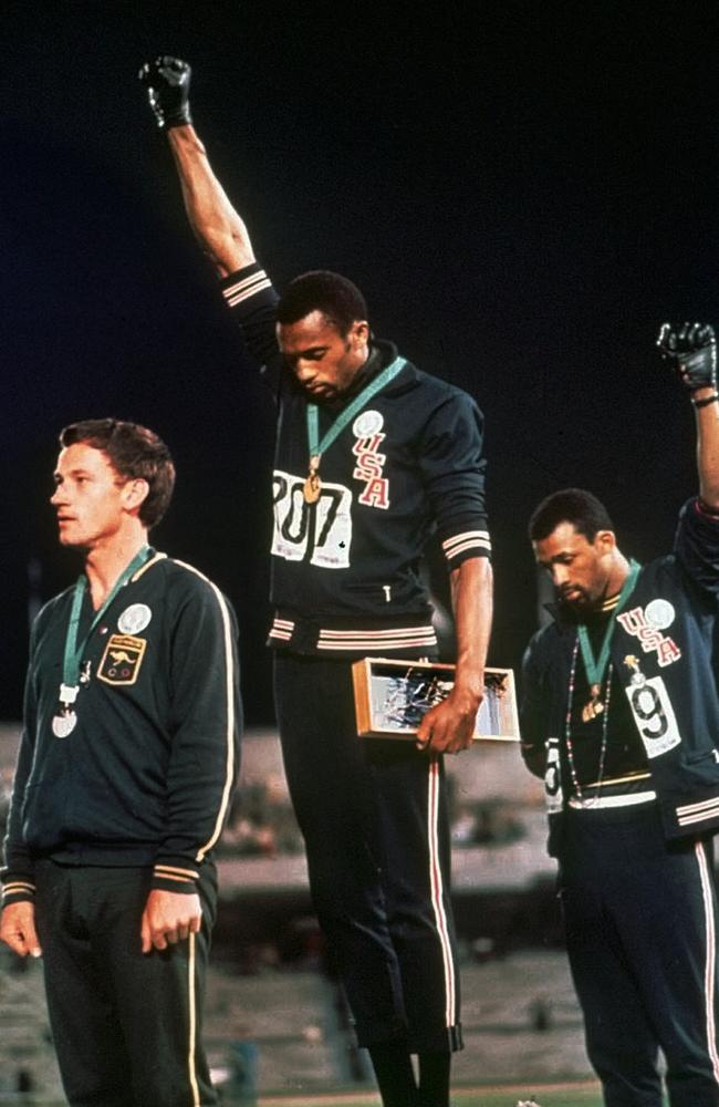 Australian sprinter Peter Norman during the protest by Tommie Smith and John Carlos at the 1968 Olympics. Picture: AP