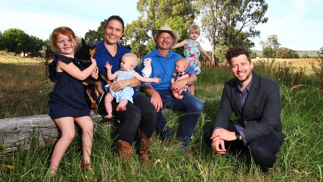 Ideas man: Sam Marwood’s innovations include Caltivate Farms, which he started with Tim and Tegan Hicks, pictured with their children Rosie, Bell and twins Thea and George. Picture: Aaron Francis