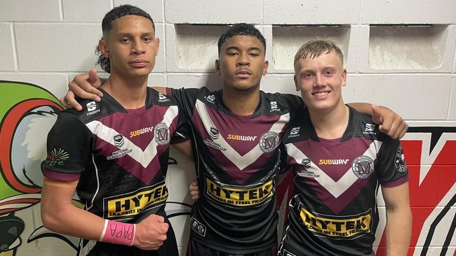 Marsden State High's Chris Vaimili Toalepai, Zack Lotaki and Nathan Phelps after their semi-final win. Picture: Andrew Dawson