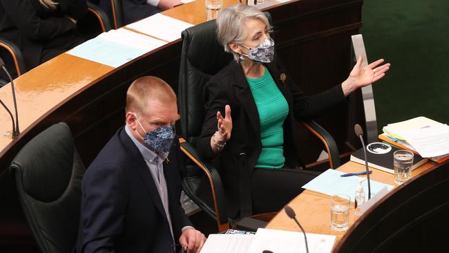 Vica Bayley Greens member for Clark and Greens leader Rosalie Woodruff.  Question time in the Tasmanian parliament.  Picture: Nikki Davis-Jones