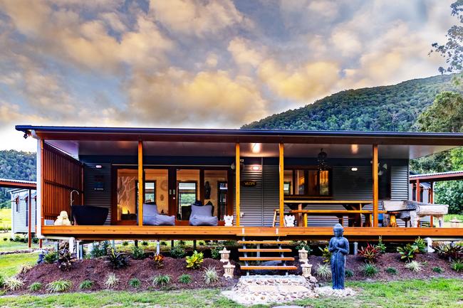 The Mount Jukes Eco Resort, built from scratch by yoga aficionado David Deakin, holds glamping tents and a half-moon shaped house that face Mt Jukes and Mr Deakin says the â€œenergyâ€ of the property has to be experienced to be understood. Picture: Contributed
