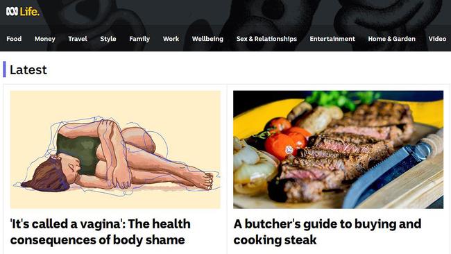 The stories at the top of ABC Life’s home page this morning focused on body shame and buying and cooking steak. Picture: Screengrab/ABC Life