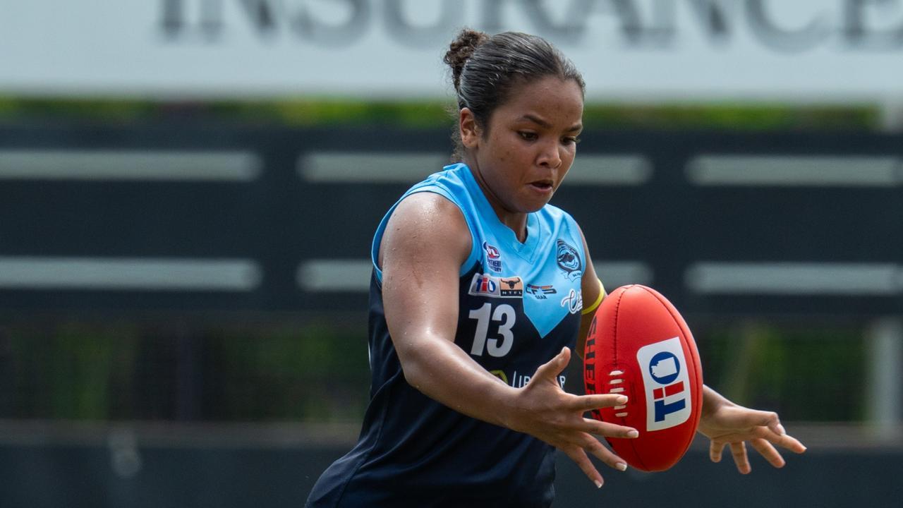 Carla Khasakhala playing for the Darwin Buffaloes in the 2024-25 NTFL season. Picture: Tymunna Clements / AFLNT Media