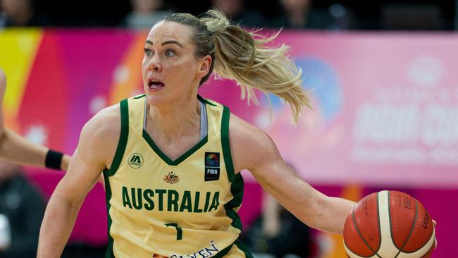 Australia's Tess Madgen controls the ball during the Women's Asia Cup 2023 basketball game between Australia and South Korea in Sydney on June 30, 2023. (Photo by ANDY CHEUNG / AFP) / - IMAGE RESTRICTED TO EDITORIAL USE - STRICTLY NO COMMERCIAL USE-