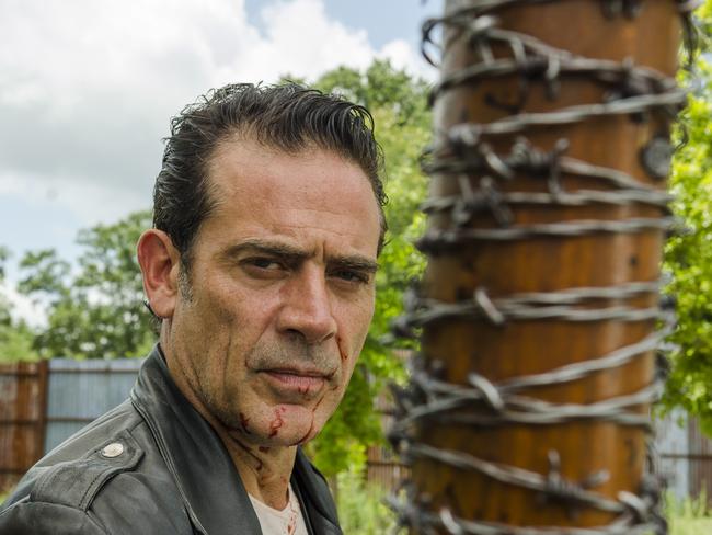 This image released by AMC shows Jeffrey Dean Morgan as NeganÂ from the series, "The Walking Dead." The popular zombie series makes its midseason return Sunday on AMC. (Gene Page/AMC via AP)