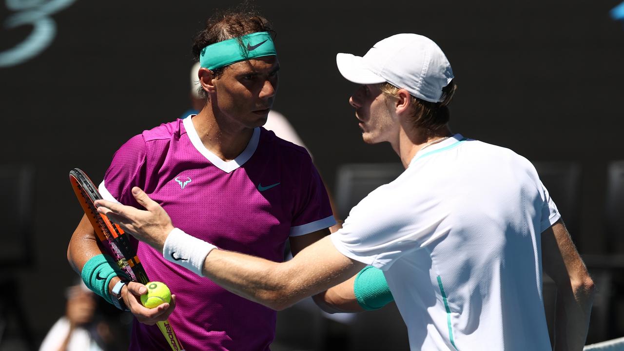 Denis Shapovalov (R0 confronts Rafael Nadal during their game. Picture: Mark Metcalfe/Getty