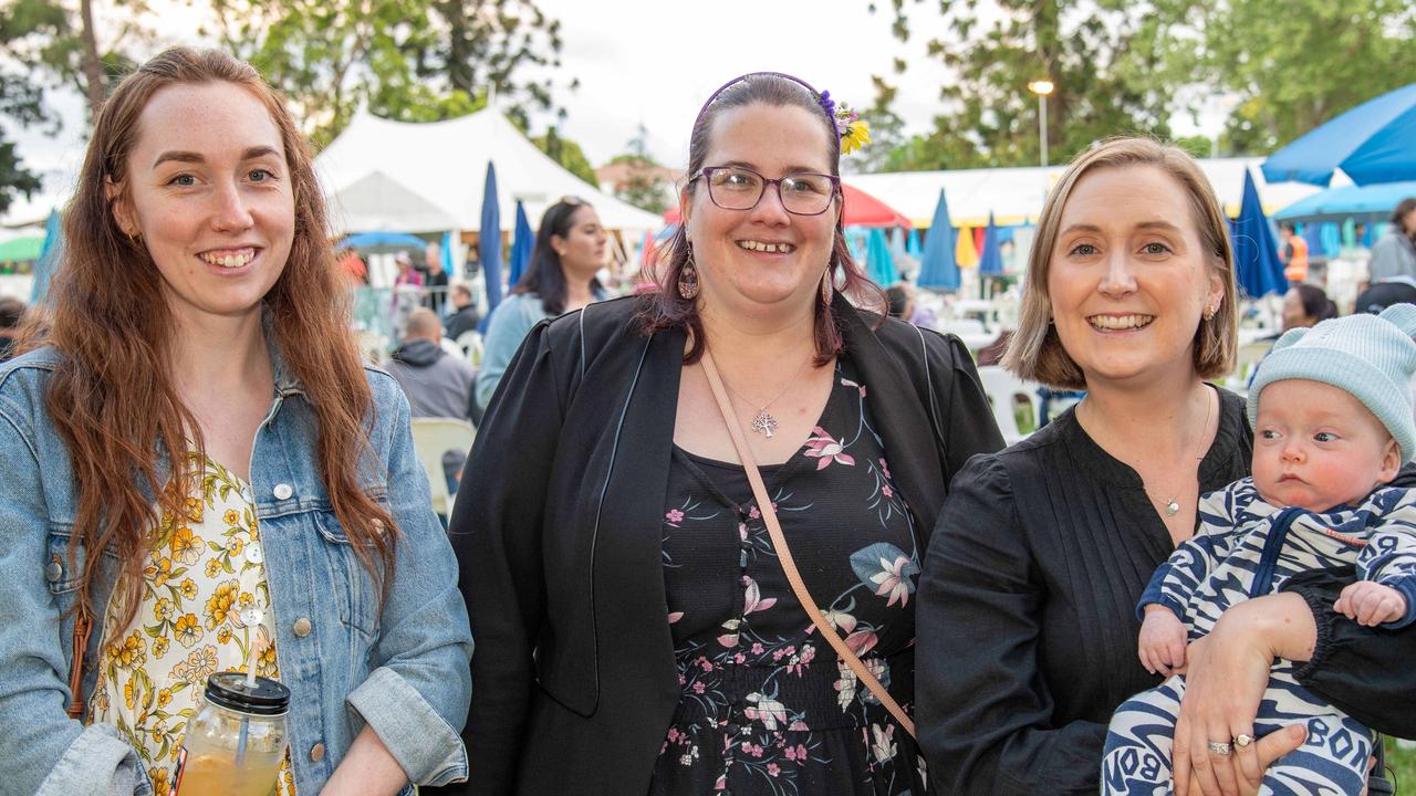 (From left) Madi Riley, Jenny Leonard, Lauren Brimblecombe and Fletcher Brimblecombe. Toowoomba Carnival of Flowers Festival of Food and Wine. Friday, September 13, 2024. Picture: Nev Madsen