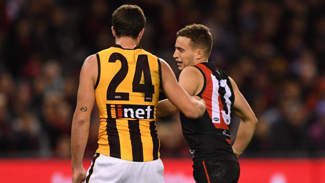 Ben Stratton will face the tribunal for pinching Essendon’s Orazio Fantasia. Picture: AAP