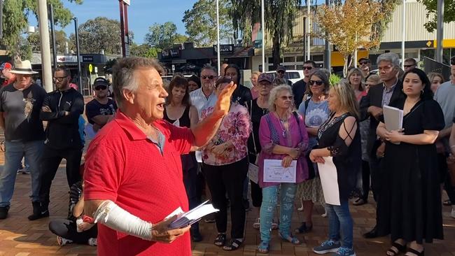 Apparent protest organiser Grant Harrison speaks on Monday as councillor Grace Bawden watches on. Picture: Brinley Duggan