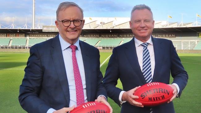 PM Anthony Albanese and Tasmania premier Jeremy Rockliff at the announcement of federal funding to upgrade Launceston's UTAS Stadium. Picture: Jon Tuxworth