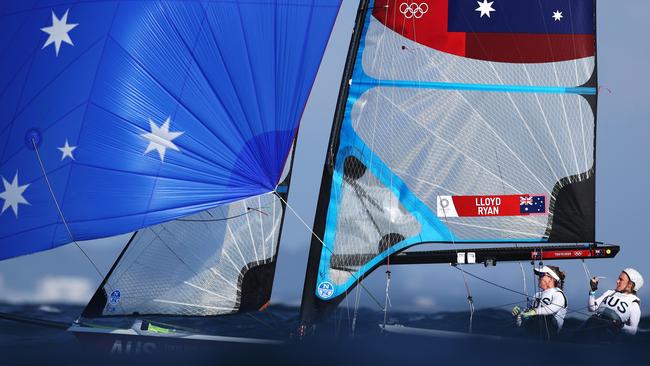 Tess Lloyd and Jaime Ryan racing their final race of the Olympic regatta.