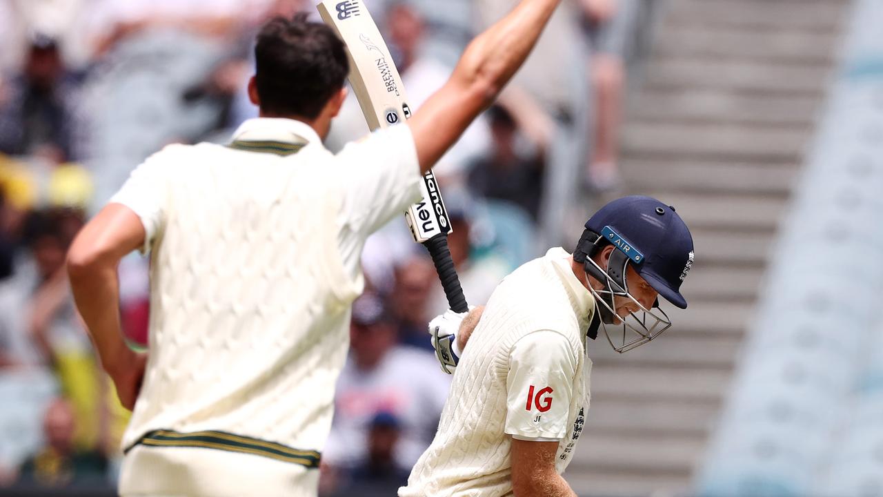 Mitchell Starc removes Joe Root. Photo by Michael Klein.