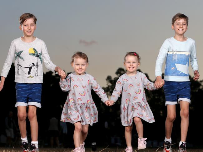 Burstow twins L to R, Oliver Burstow 8yrsGeorgia (pink bow) 3yrs, Evie 3yrs, Harrison 8yrs, they are a family which is a one in 100,000, with two sets of identical twins born naturally, Morningside, Monday 8th June 2020 - Photo Steve Pohlner